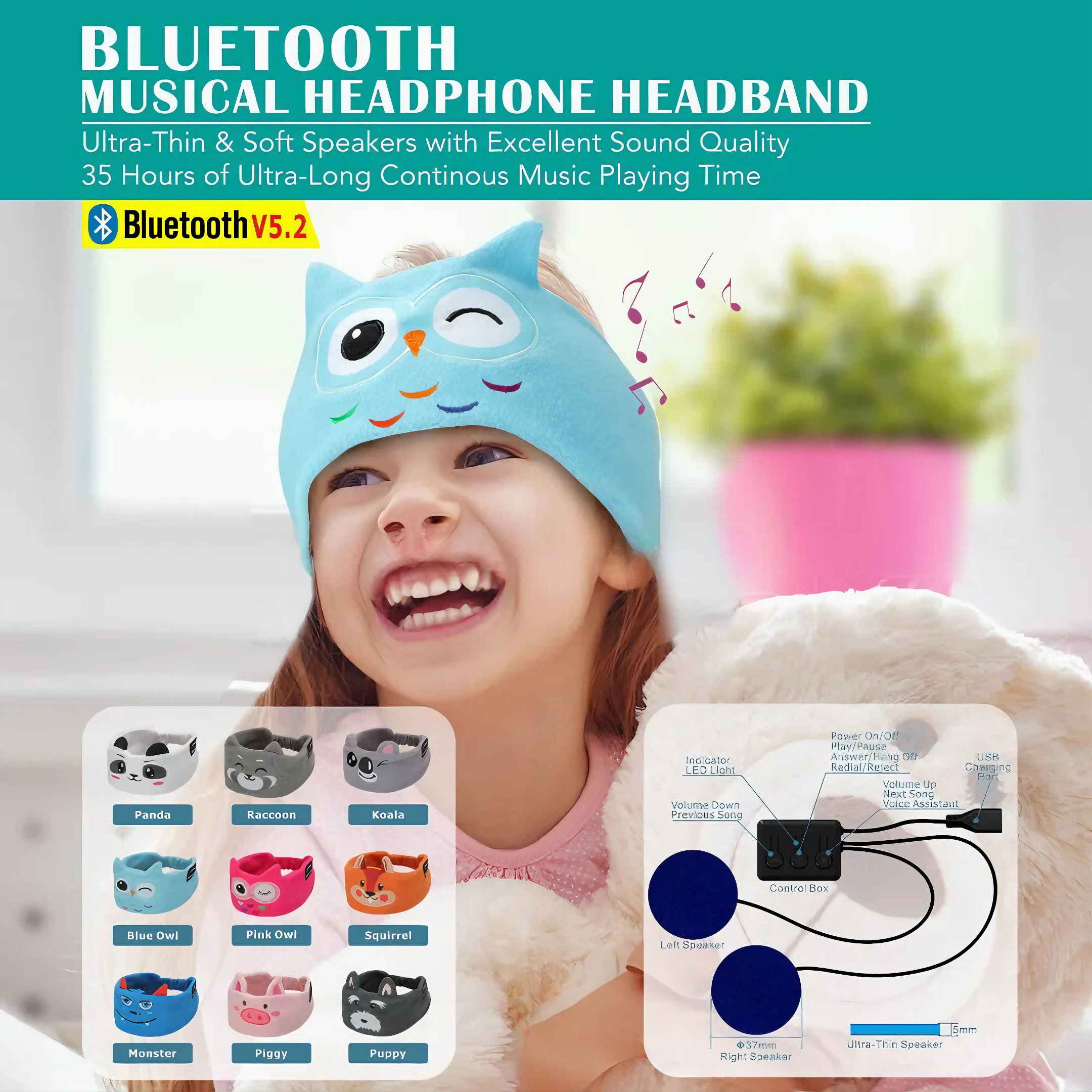 TUNETHREADS™ | Bluetooth Headband for Kids with Speakers – Cute &amp; Comfortable for Sleep &amp; Music