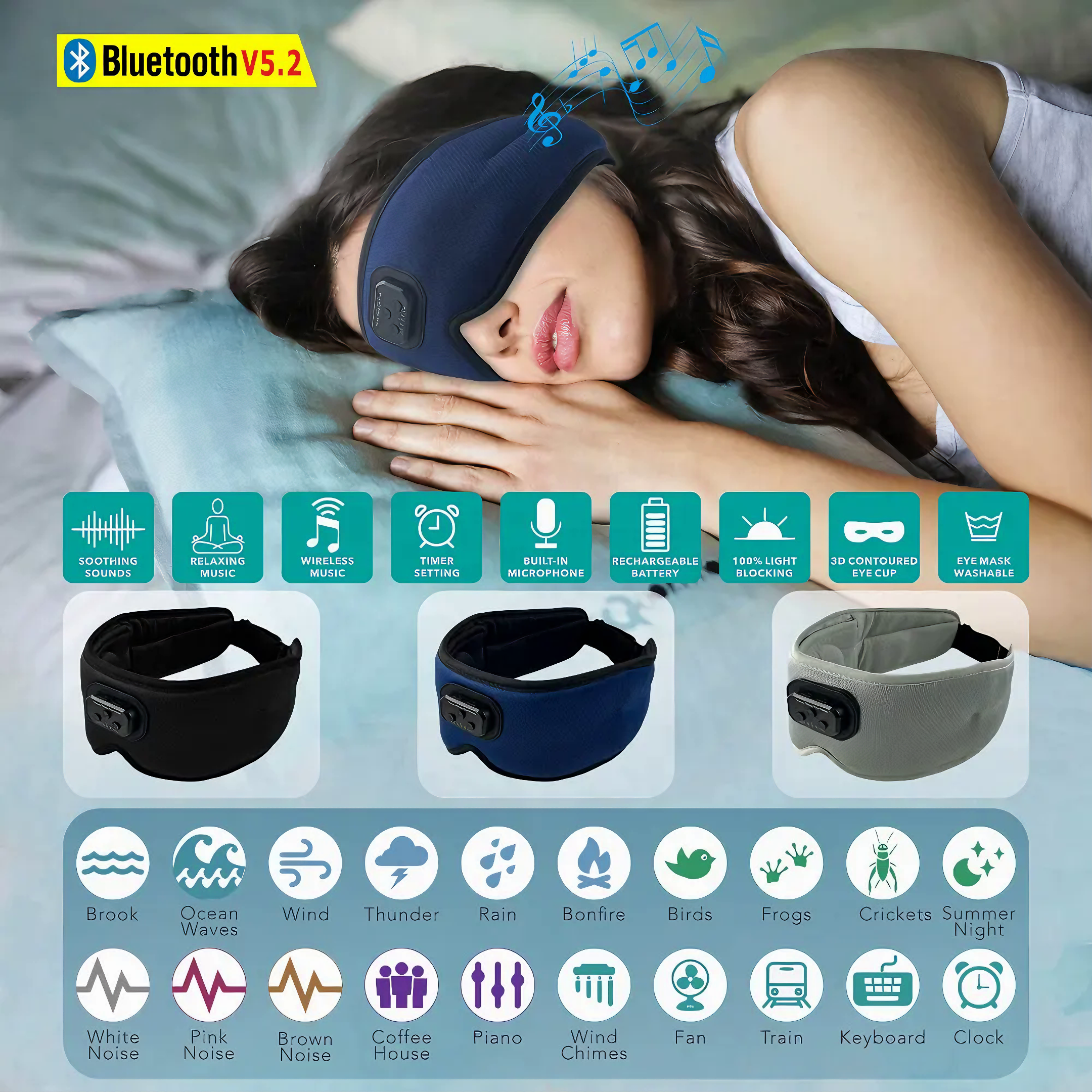 TUNETHREADS™ | 3D Bluetooth Slaapmasker met White Noise & 24 Geluiden